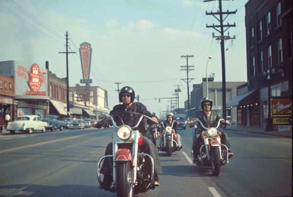motorcyclists cruising down a city street