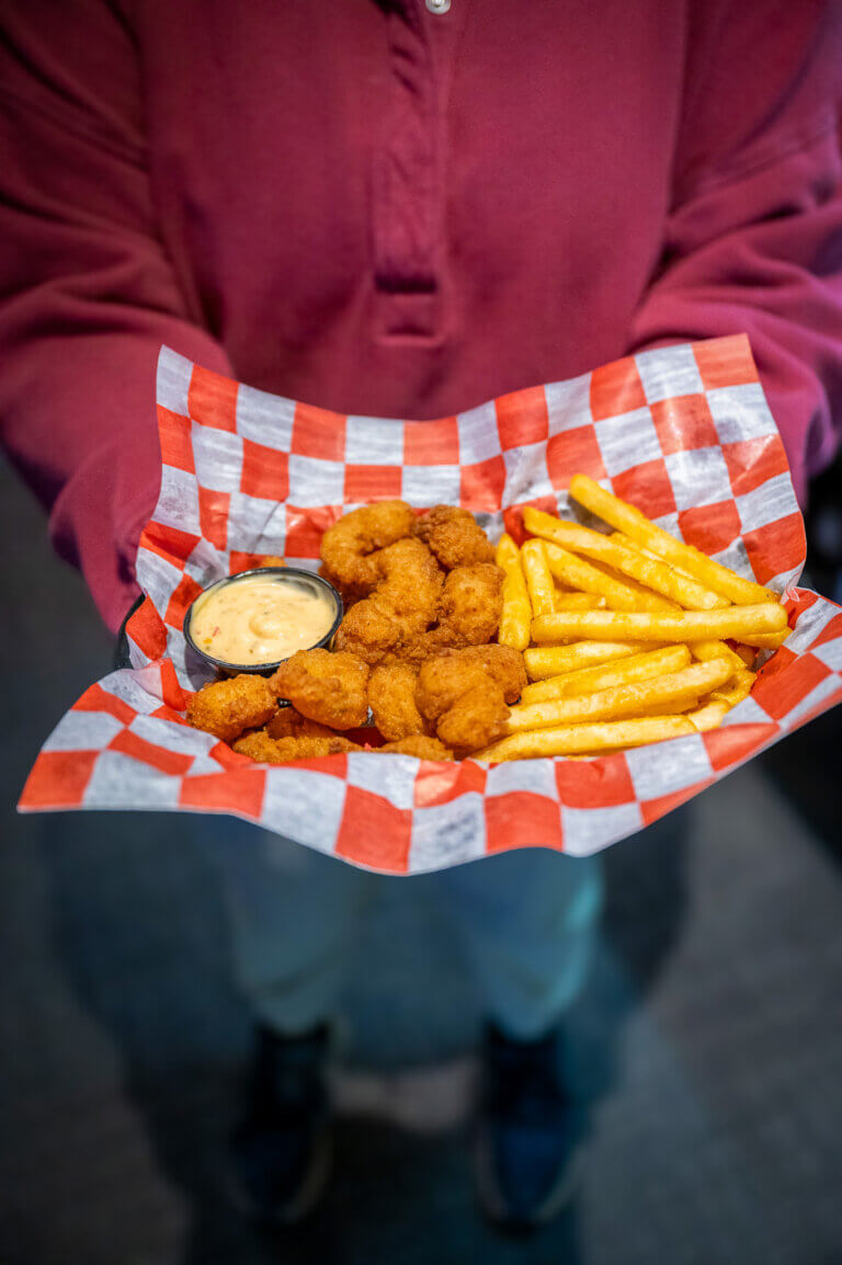 Photograph of a shrimp basket with fries at Socibowl in Muskegon